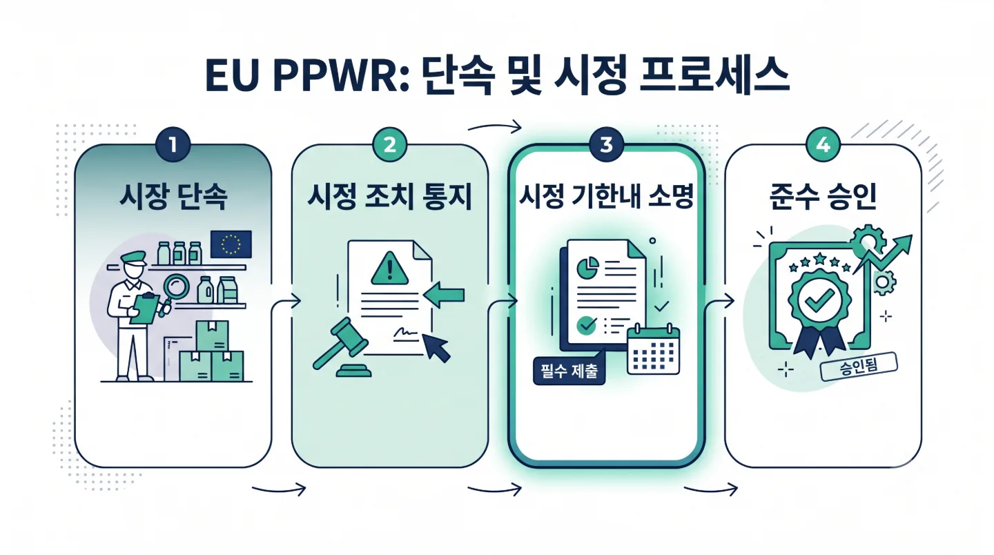EU PPWR 4단계 단속 및 시정 기한 내 소명 프로세스 흐름도